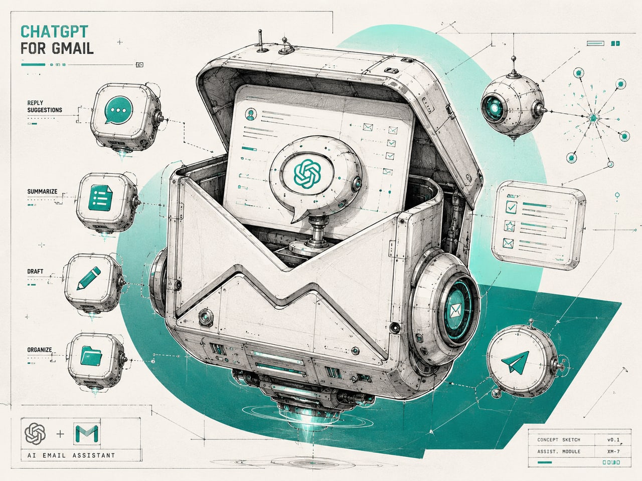ChatGPT working as an email assistant for Gmail: reply suggestions, summarize, draft, organize