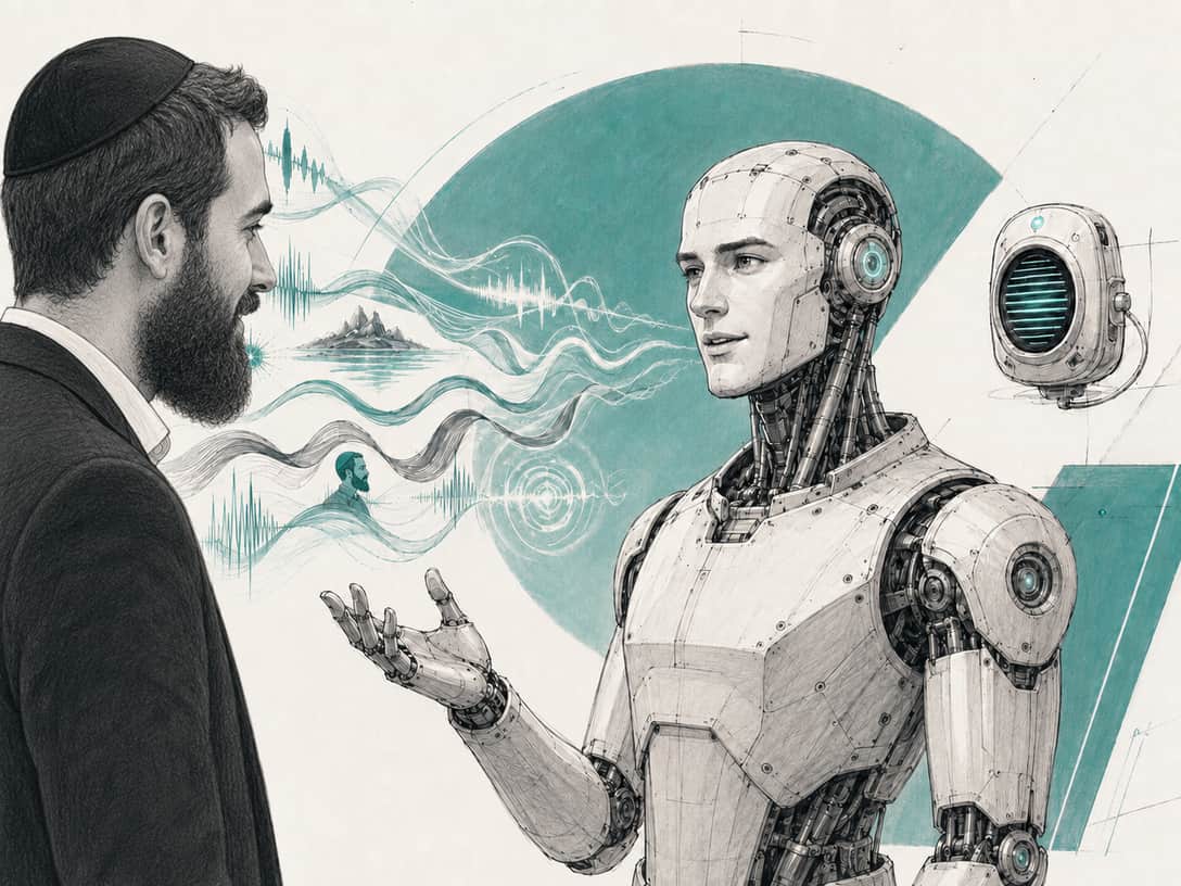 A bearded shliach in a yarmulke in conversation with a humanoid robot, teal sound waves flowing between them.