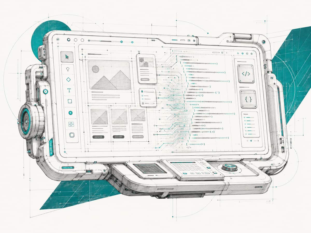 A tablet showing a website builder, with a page wireframe of image and text blocks on the left and lines of code on the right, and design tools down the side.