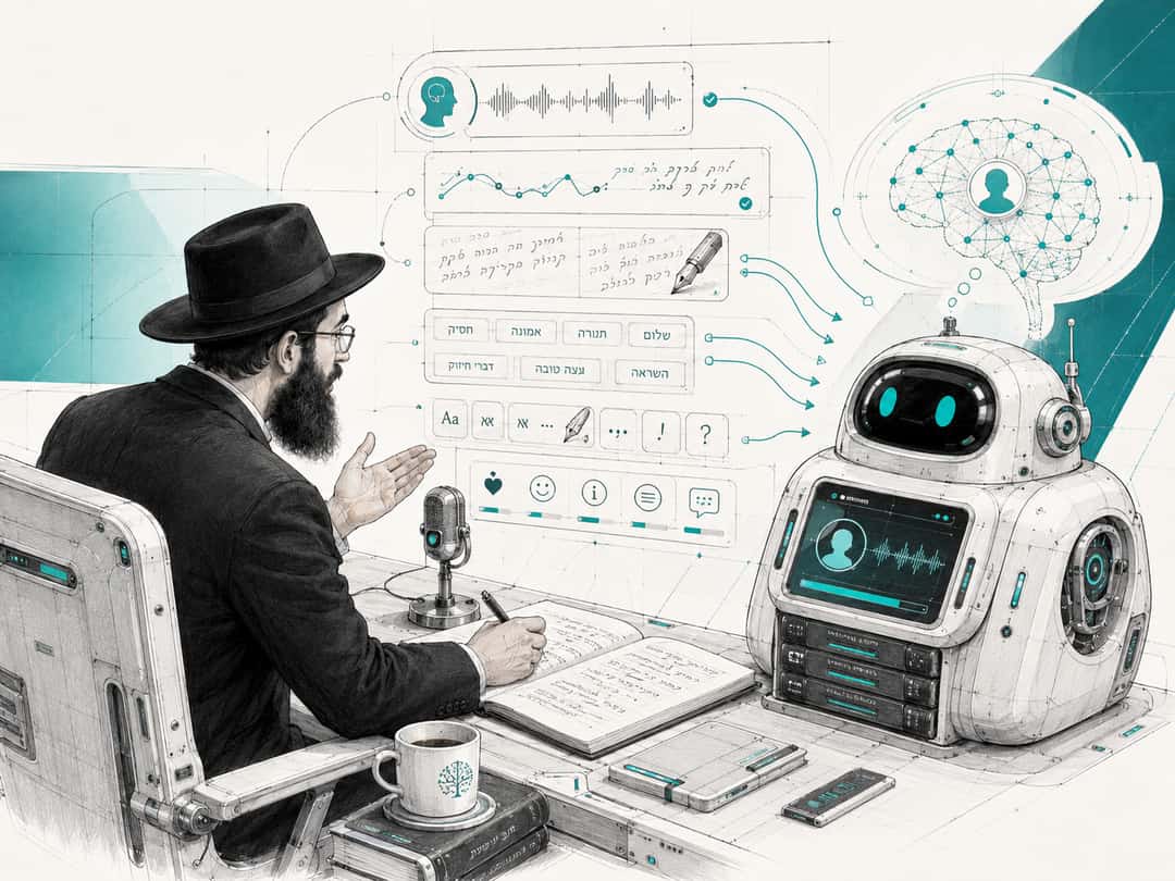 A bearded shliach in a hat speaking into a desk microphone while a friendly robot listens, with panels of voice waveforms, Hebrew tone words and text-formatting controls.