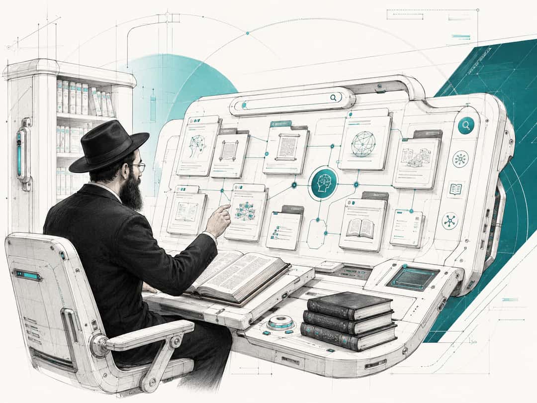 A bearded shliach in a hat at a large touchscreen of document cards linked to a central AI node, a shelf of seforim beside him, illustrating a searchable community wiki.