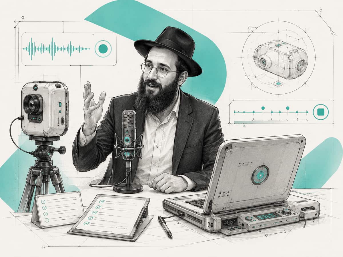 A bearded shliach in a hat talking into a desk microphone while a camera on a tripod records his laptop, with a checklist and a recording timeline on the table beside him.