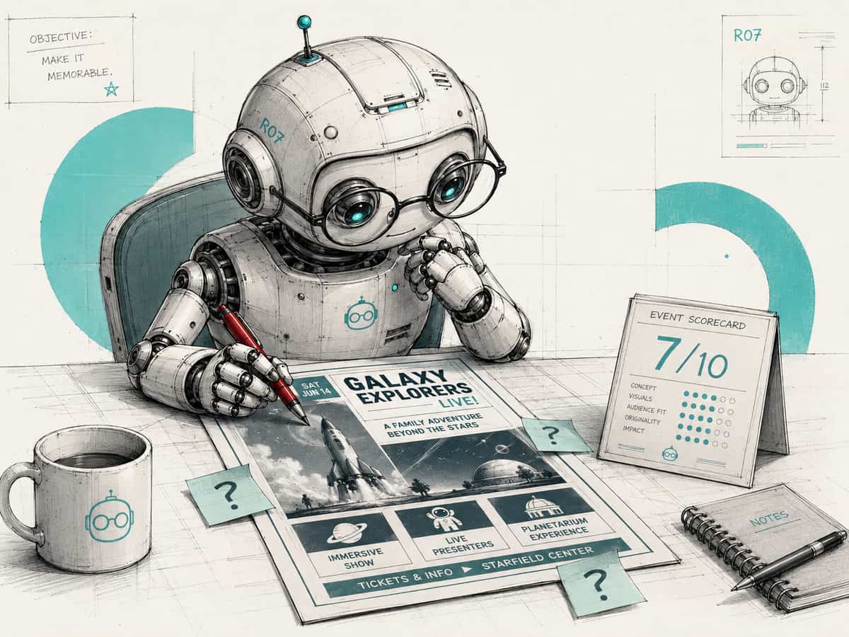 A small robot wearing round glasses reviews an event flyer with a red pen in hand; beside it a scorecard reads 7/10, and sticky notes with question marks sit on the flyer’s margins.