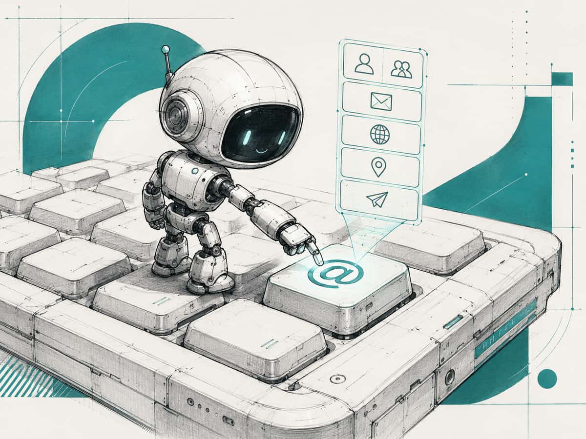A small robot stands on a giant keyboard pressing the @ key as a menu of icons pops up above it.