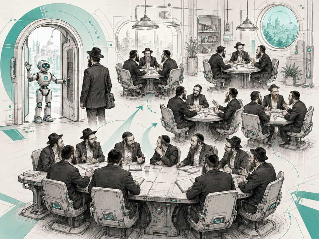 Shluchim in lively conversation around many small tables in a bright room while a small robot holds the front door open for a new arrival.