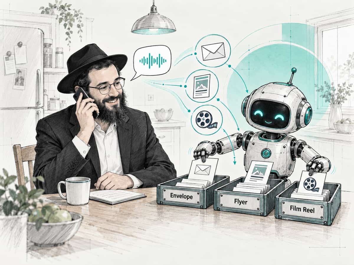 A shliach at a kitchen table talks into his phone while a small robot sorts his words into three trays labeled Envelope, Flyer and Film Reel.