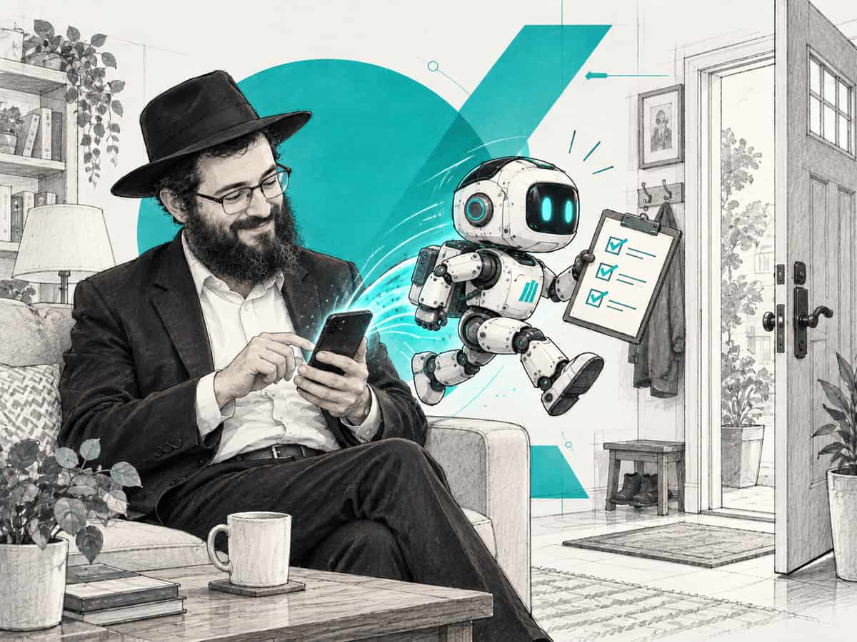 A shliach on his couch taps a message on his phone while a small robot bursts out of the screen holding a checklist, already running for the open front door.