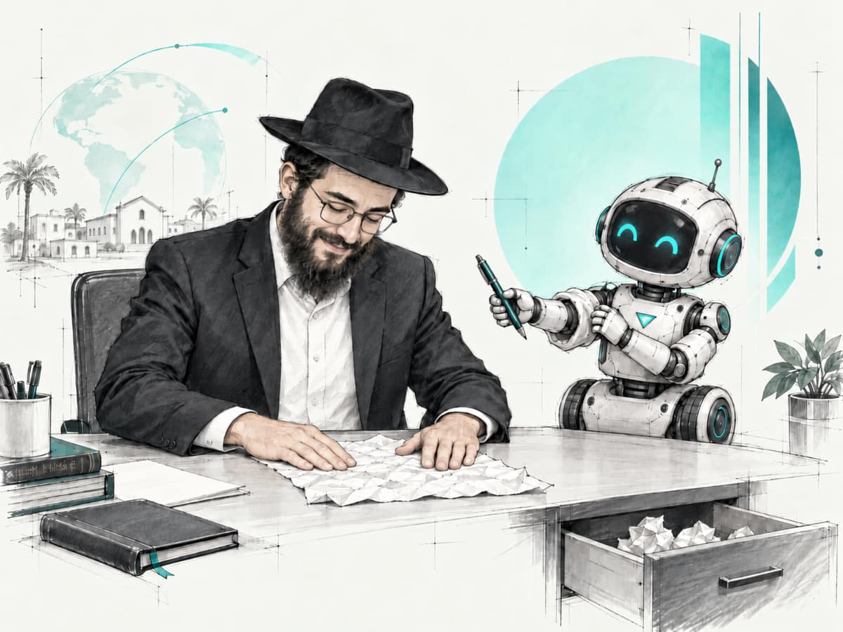 A shliach smooths out a crumpled page on his desk while a small robot beside him holds out a fresh pen, with more crumpled pages in the open drawer.