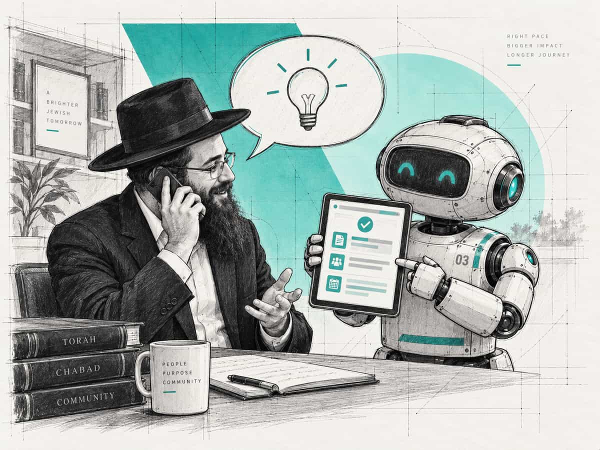 A shliach explains something over the phone, a lightbulb in his speech bubble, while a small robot beside him holds up a tablet showing a checklist.