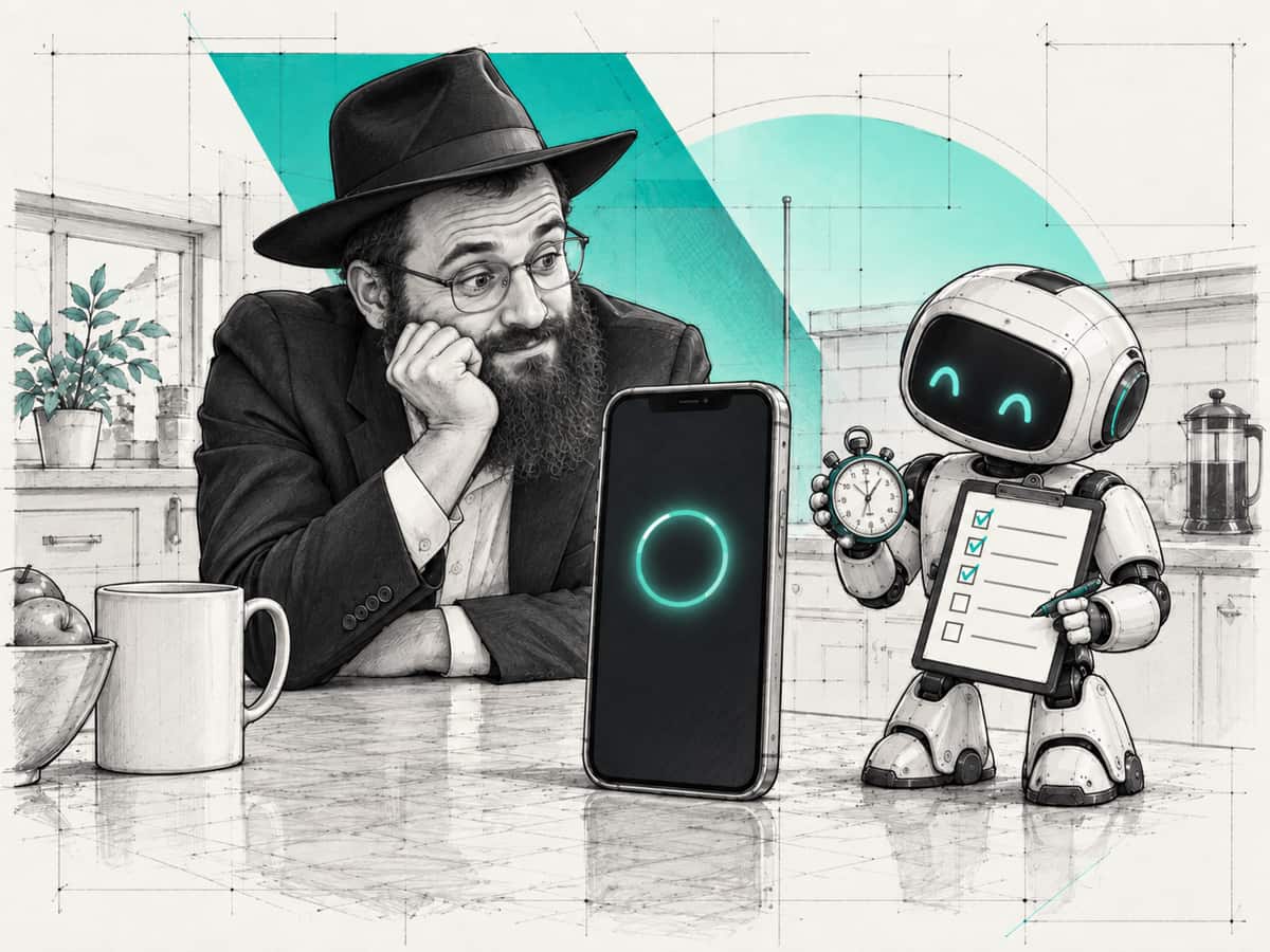 A shliach leans on his kitchen counter, chin in hand, watching a phone with a glowing ring on its screen while a small robot beside it holds a stopwatch and ticks boxes on a clipboard.