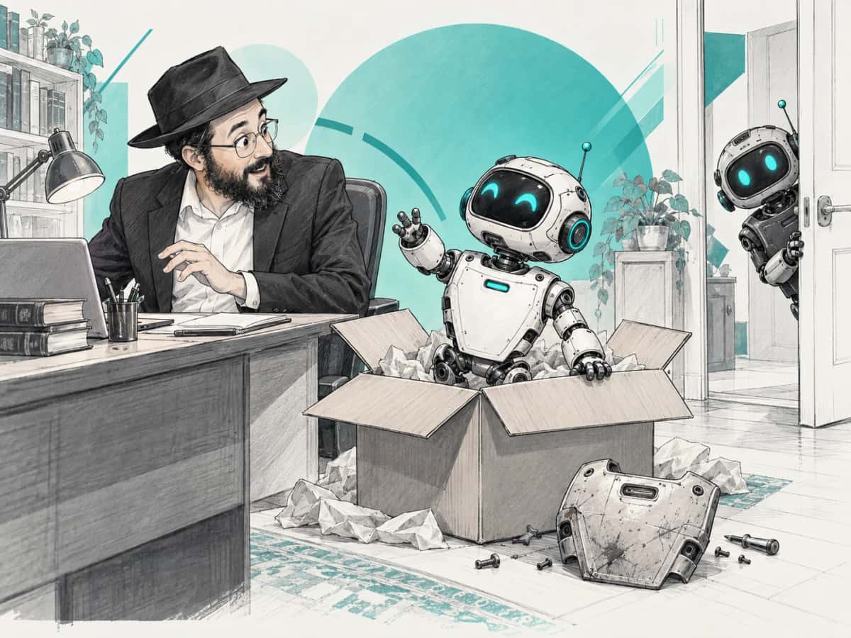 A shliach at his desk turns in surprise as a small robot waves from an open delivery box, its old scuffed chest plate lying on the floor, while a second robot peeks in from the doorway.