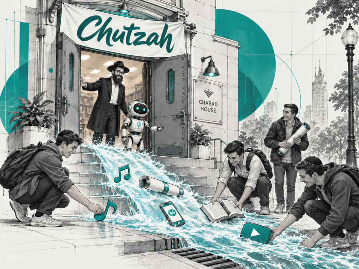 A shliach and a small robot welcome people at the open doors of a Chabad House under a banner reading Chutzah, as water pours down the steps carrying a music note, a scroll, a phone app, a book and a video button to young men picking them up on the sidewalk.