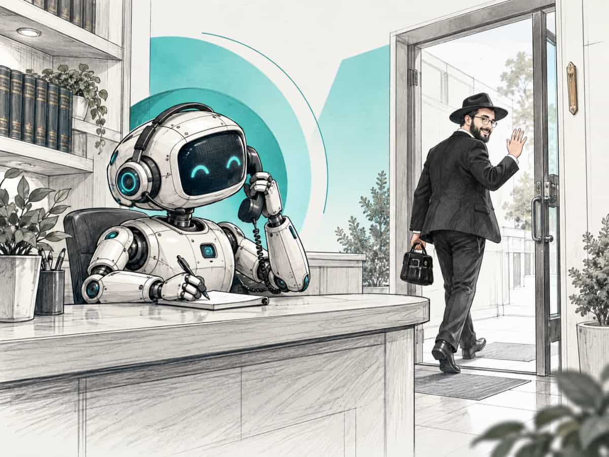 A small robot with a headset answers the phone and takes notes at a front desk while a shliach heads out the door with his bag, waving goodbye.