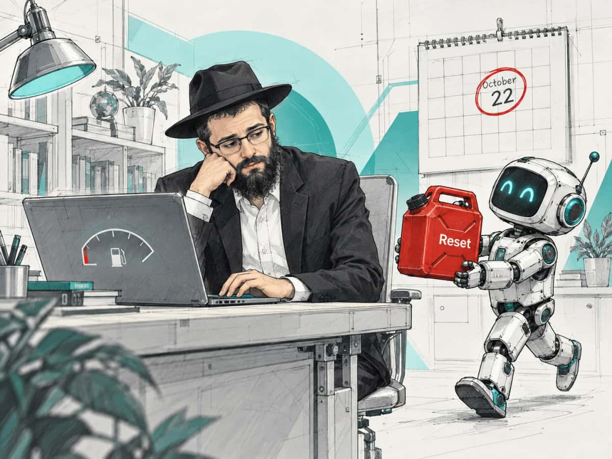 A tired shliach at his laptop, its screen showing an empty fuel gauge, as a small robot walks up carrying a red jerrycan labeled Reset, with October 22 circled on the calendar behind them.