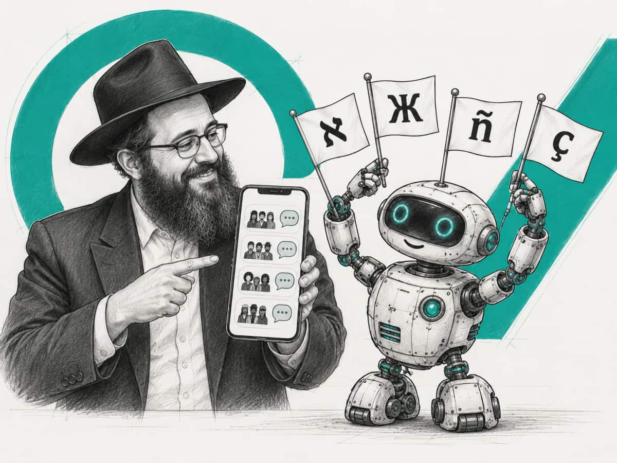 A smiling shliach points to four group chats on his phone while a small robot beside him holds up four flags marked א, Ж, ñ and ç.