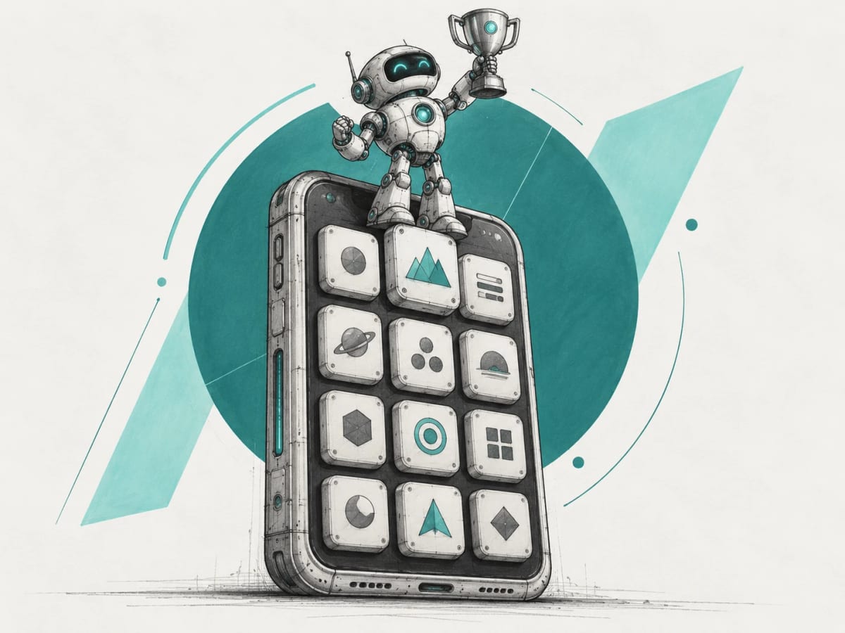 A small robot stands on top of a giant phone covered in app tiles, holding a trophy high in one hand.