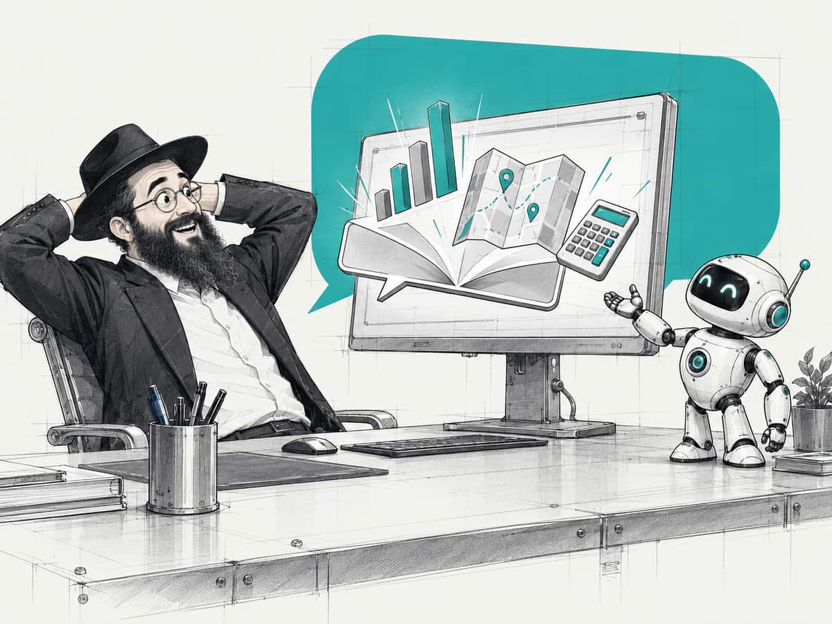 A shliach watches in surprise as a chat bubble on his screen unfolds into a chart, a map and a calculator, while a small robot proudly presents it.
