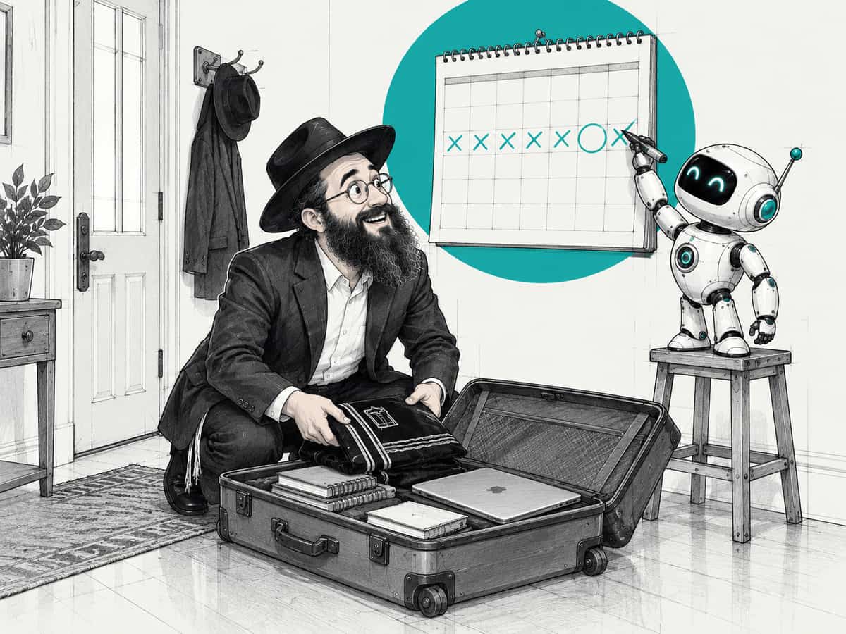 A small robot crosses off another day on a calendar counting down to the Kinus while a shliach packs his suitcase.