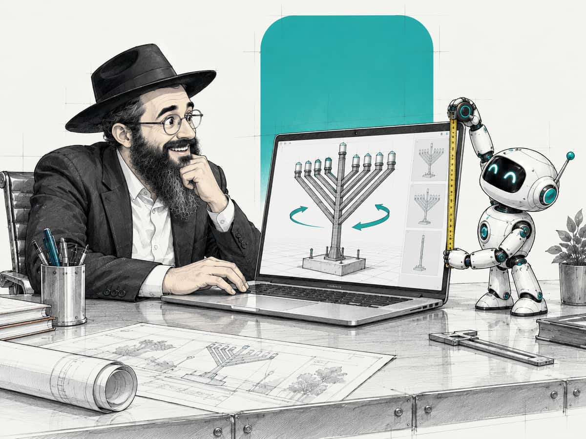 A shliach turns a 3D model of a giant menorah on his laptop while a small robot holds a tape measure up to the screen.